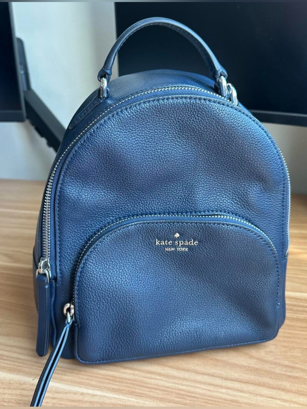 kate spade Navy Pebbled Leather Mini Backpack with Front Zip Pocket